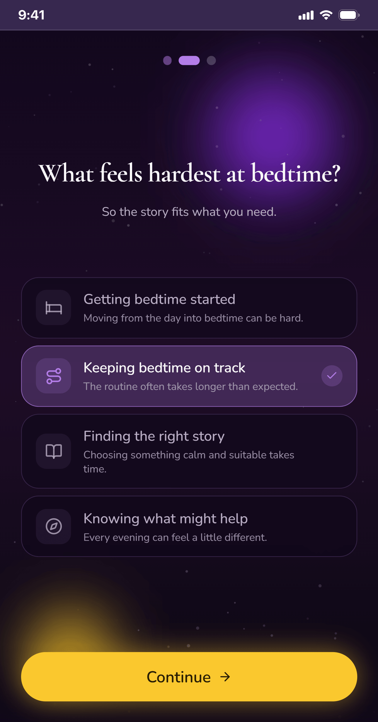 Fiabalo onboarding screen asking what feels hardest at bedtime, with options for common bedtime challenges.