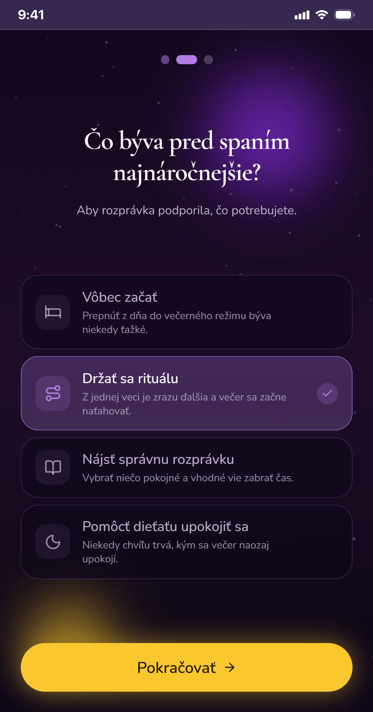 Onboardingová obrazovka Fiabalo s otázkou, čo býva pred spaním najnáročnejšie, a možnosťami bežných večerných výziev.