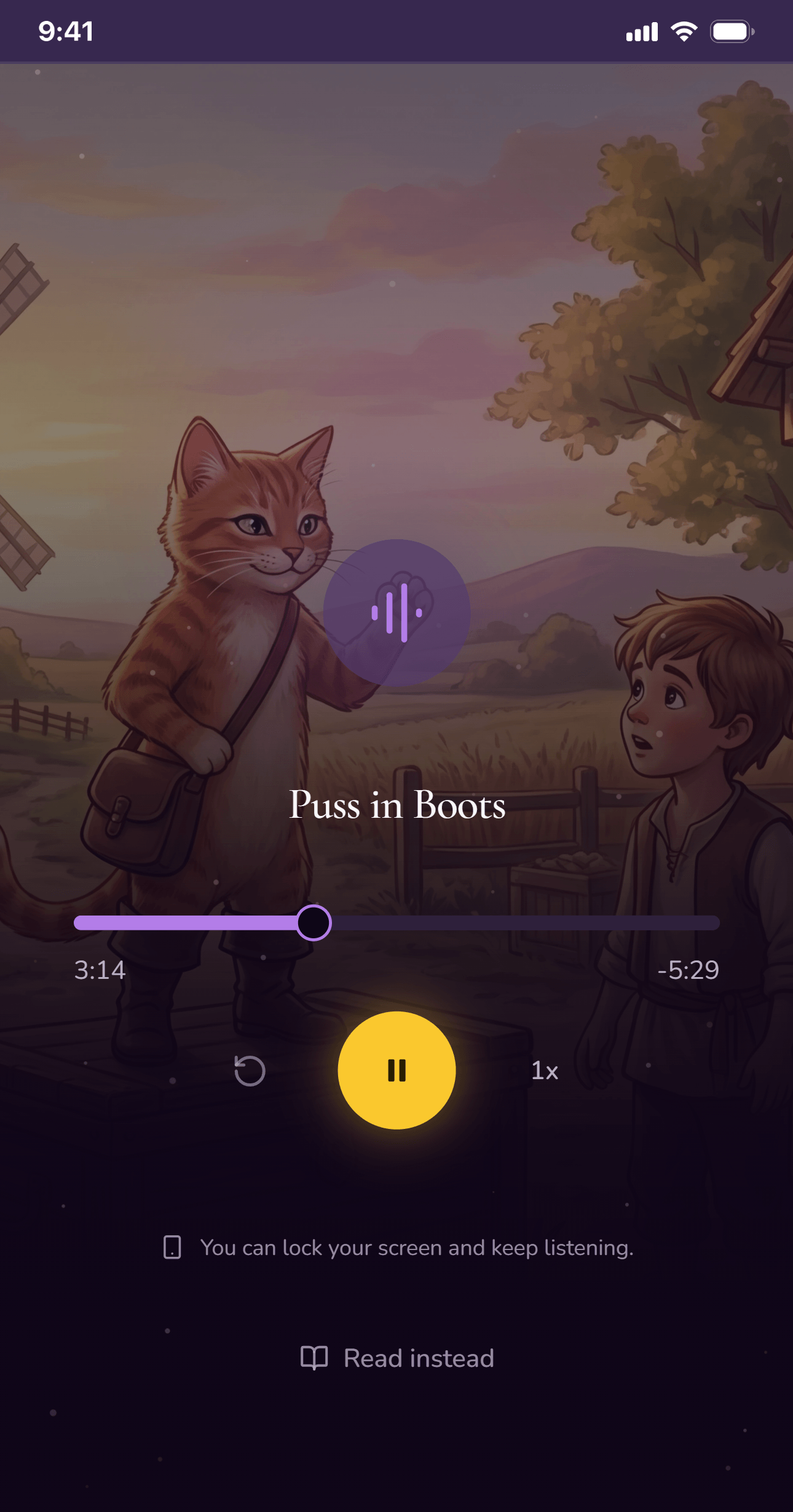 Fiabalo audio player and reading view, showing ways to listen together or read aloud before sleep.