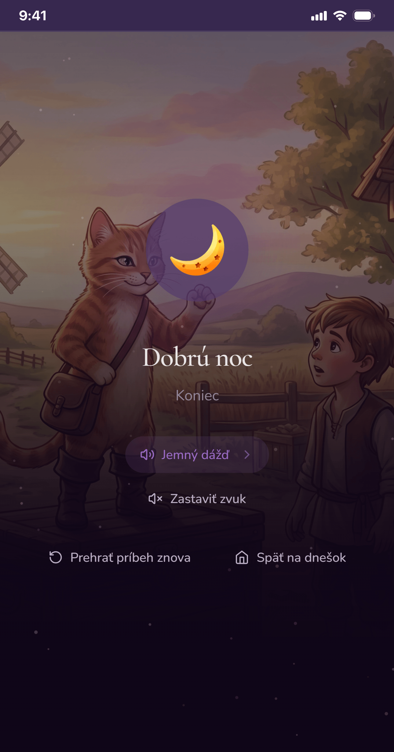 Obrazovka so zvukovým pozadím vo Fiabalo na pokojné pokračovanie večera po rozprávke.
